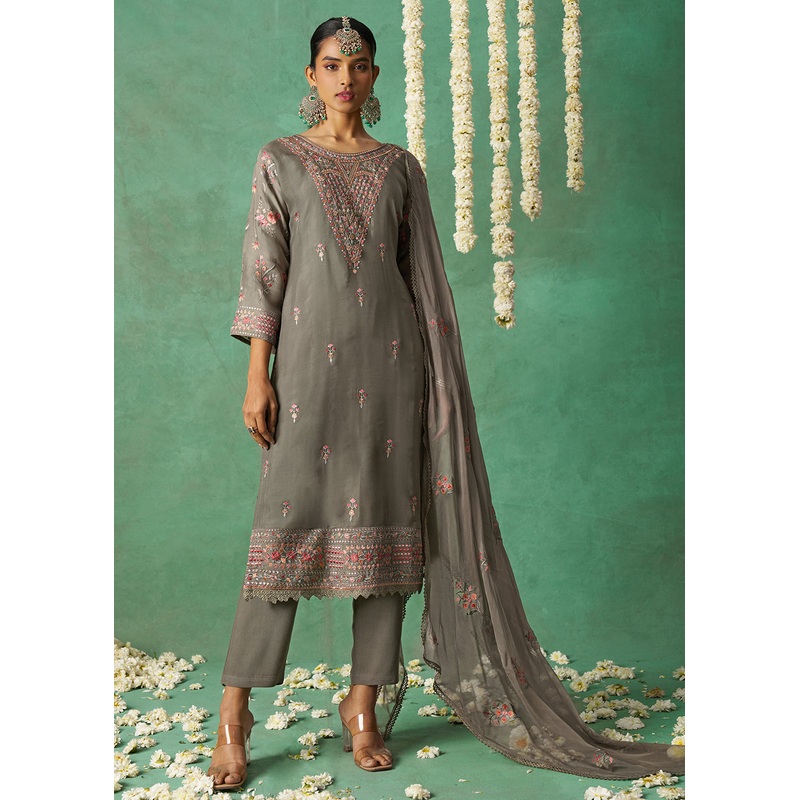 Pure Organza Grey Finest Embroidered Pant Style Salwer Suit