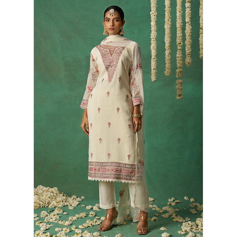 Pure Organza Off White Finest Embroidered Pant Style Salwer Suit