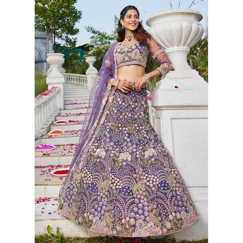 Purple Cording & Sequins Embroidered Net Lehenga Choli