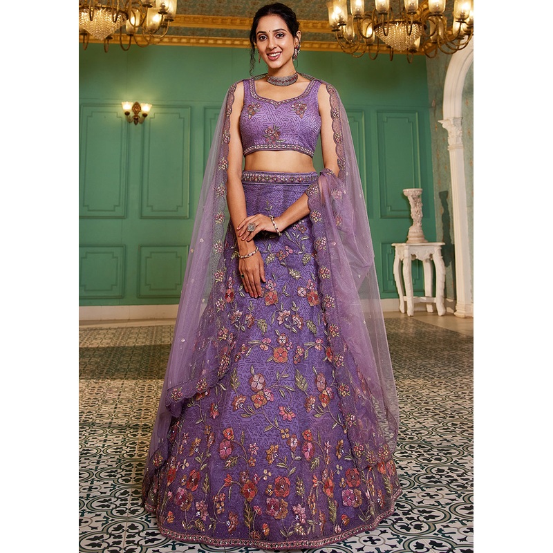 Purple Net Embroidered Wedding Style Lehenga Choli