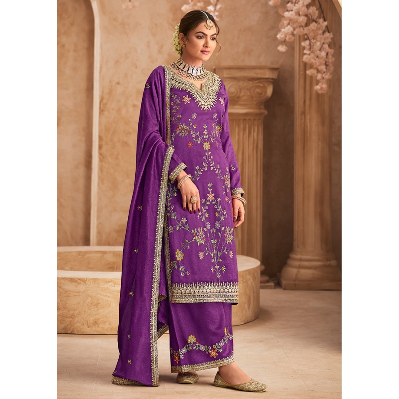 Purple Wedding Festive Embroidered Palazzo Suit