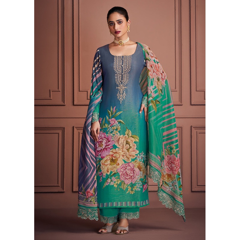 Rama & Blue Muslin Festive Style Salwar Suit