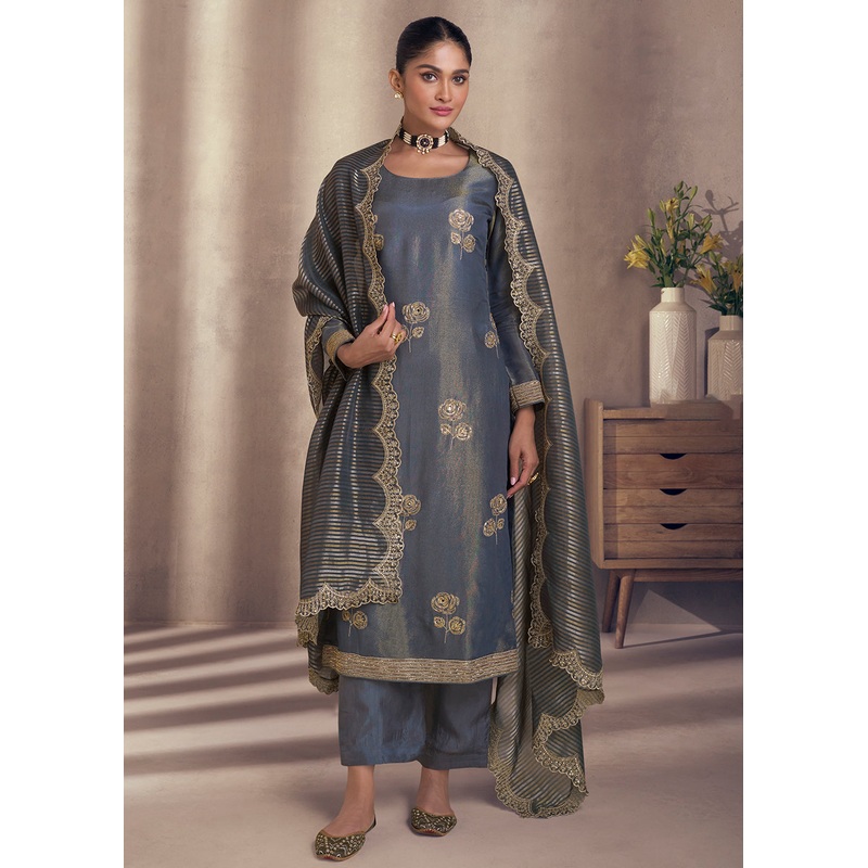 Slate Grey Shimmer Silk Wedding Festive Salwar Kameez