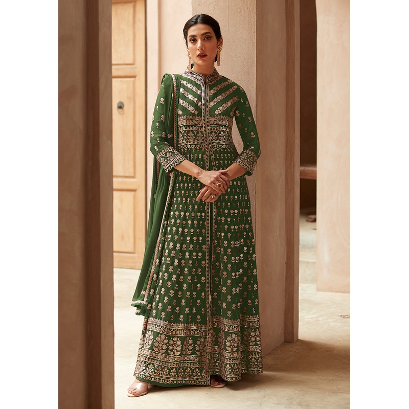 Soft Green Anarkali Style Front Slit Palazzo Style Suit