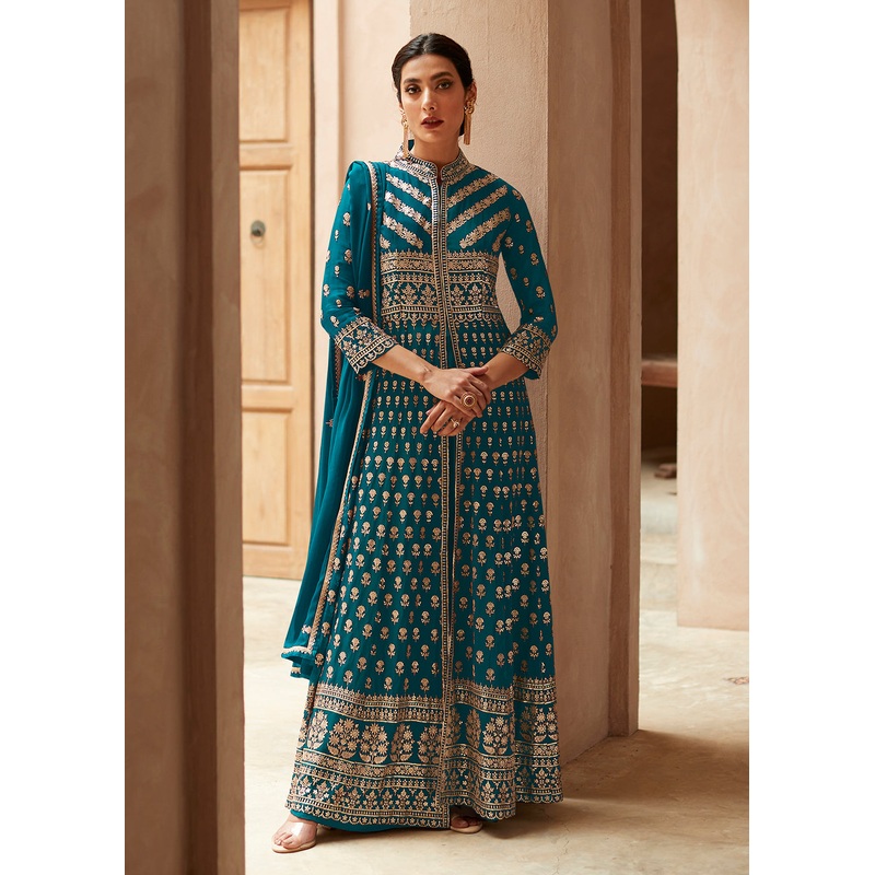 Teal Blue Anarkali Style Front Slit Palazzo Style Suit