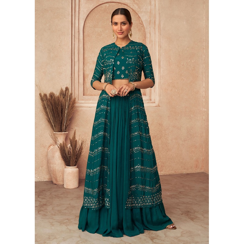 Teal Blue Chinon Silk Party Wear Lehenga Choli with Jacket