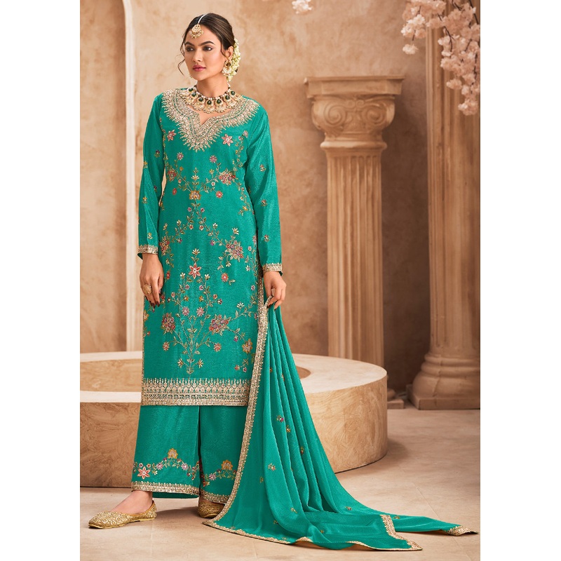 Teal Wedding Festive Embroidered Palazzo Suit