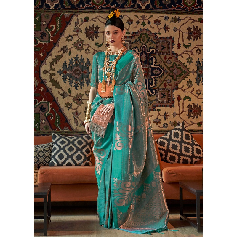 Turquoise Blue Blended Woven Zari Brocade Silk Saree