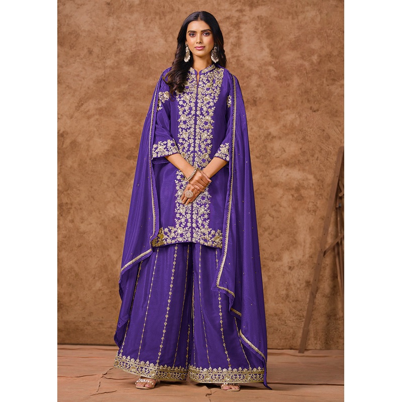 Violet Chinnon Silk Festive Embroidered Palazzo Style Suit