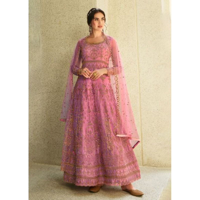 Wedding Party Pink & Gold Embroidered Stunning Anarkali Suit
