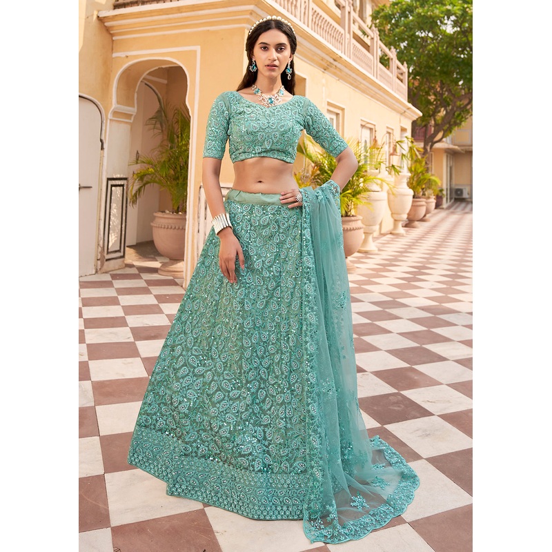 Wedding Wear Mint Blue Heavy Embroidered Bridal Lehenga Choli