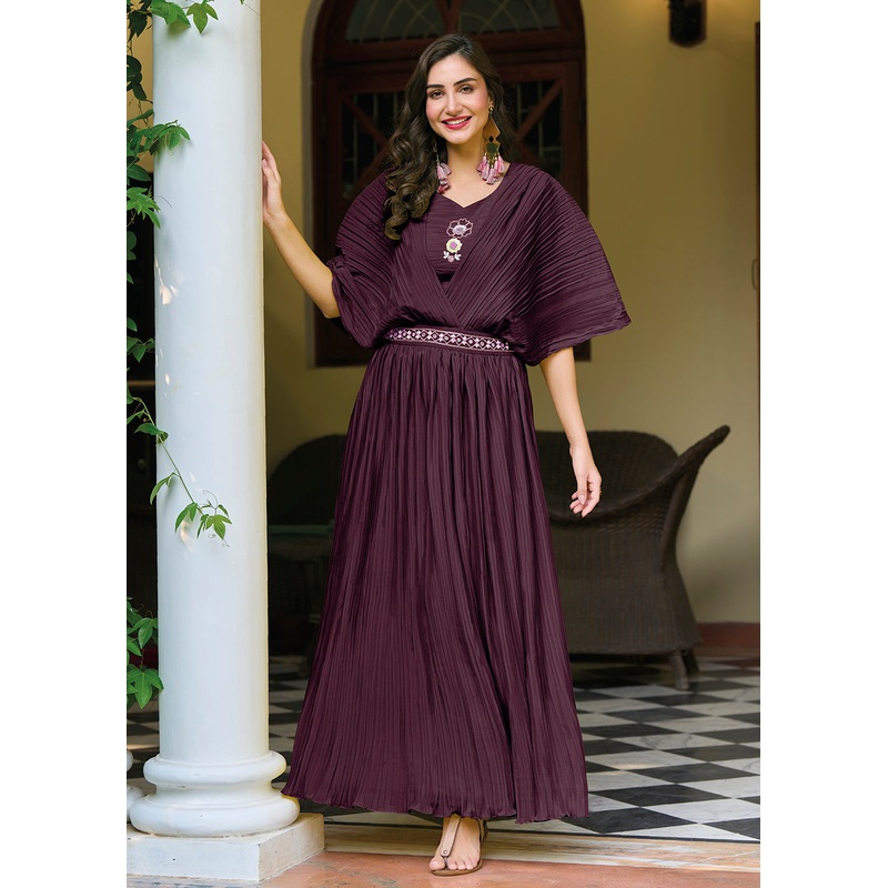 Wine Purple Chinon Party Wear Crushed Gown