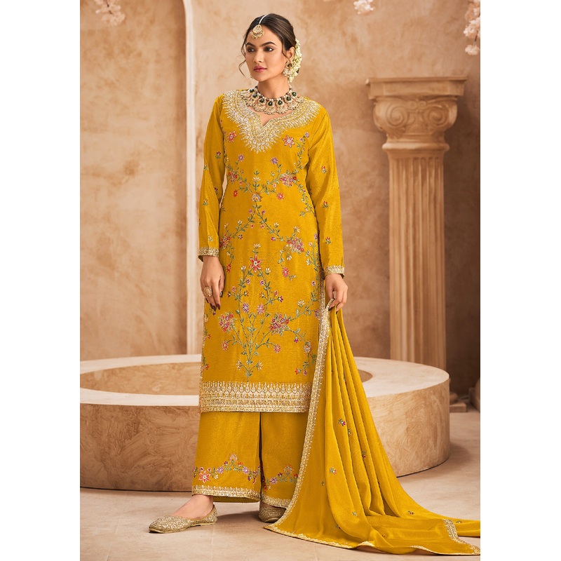 Yellow Wedding Festive Embroidered Palazzo Suit