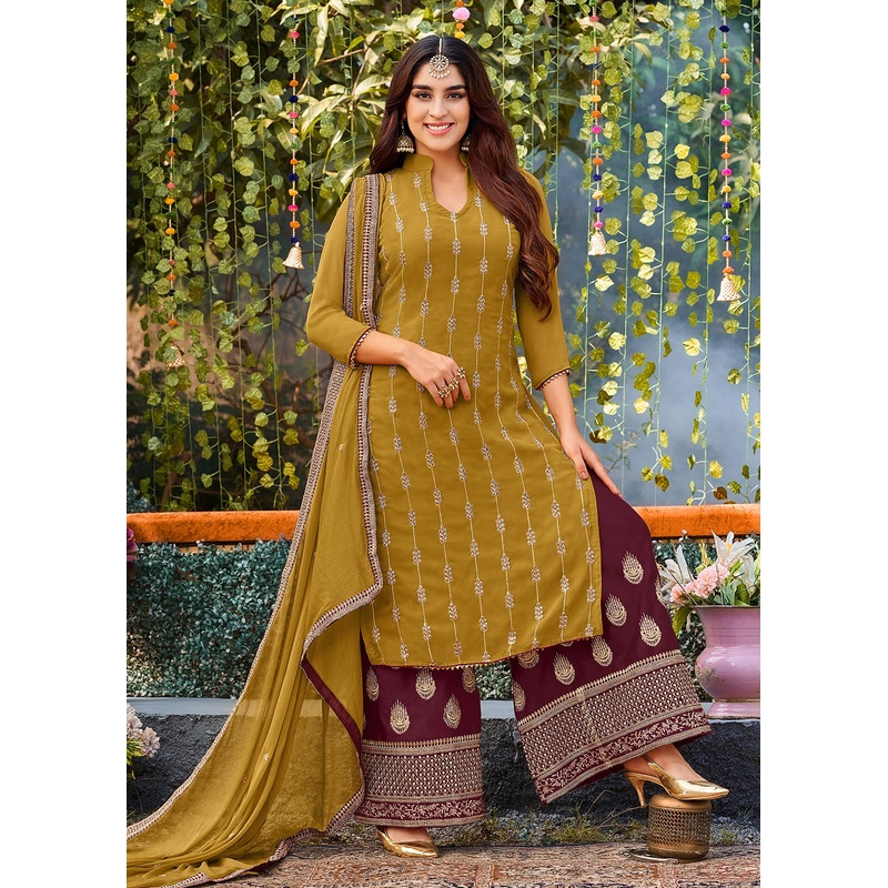 Adorable Mustard Georgette Embroidered Wedding Festive Salwar Suit