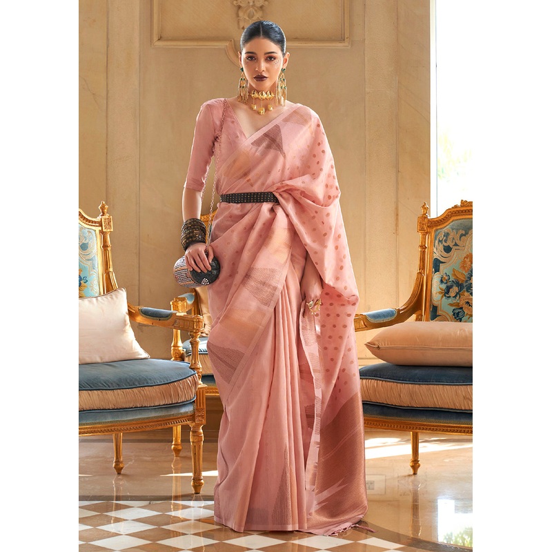 Adorable Peach Tissue Zari Weaving Bollywood Saree