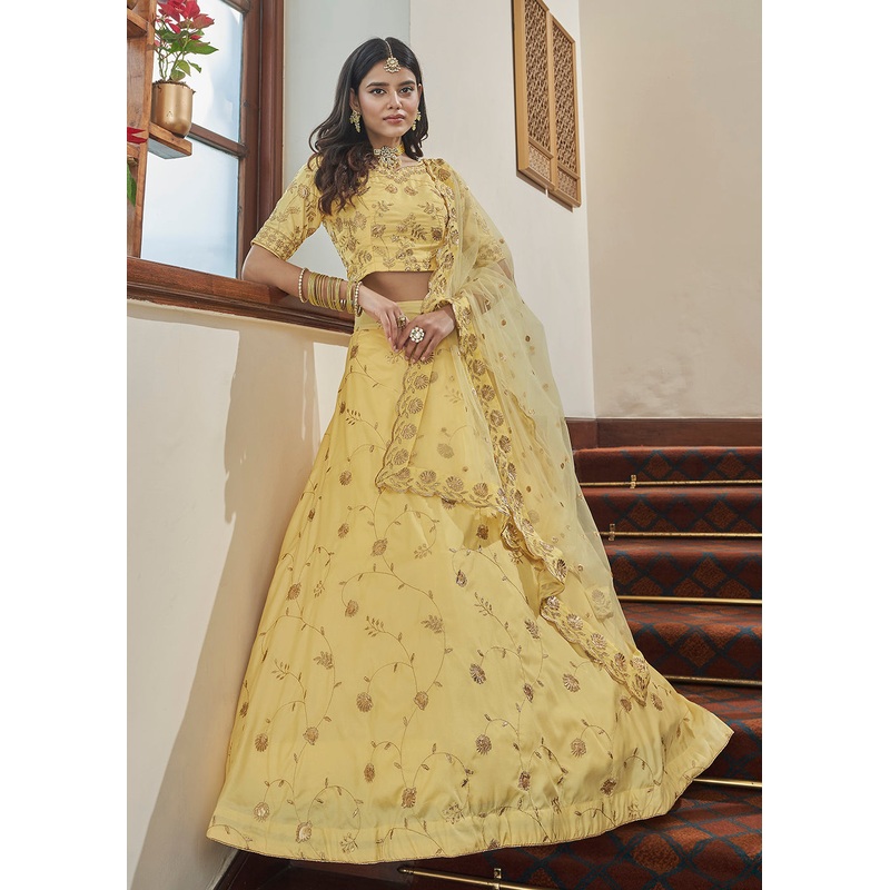 Adorning Art Silk Light Yellow Wedding Lehenga Choli