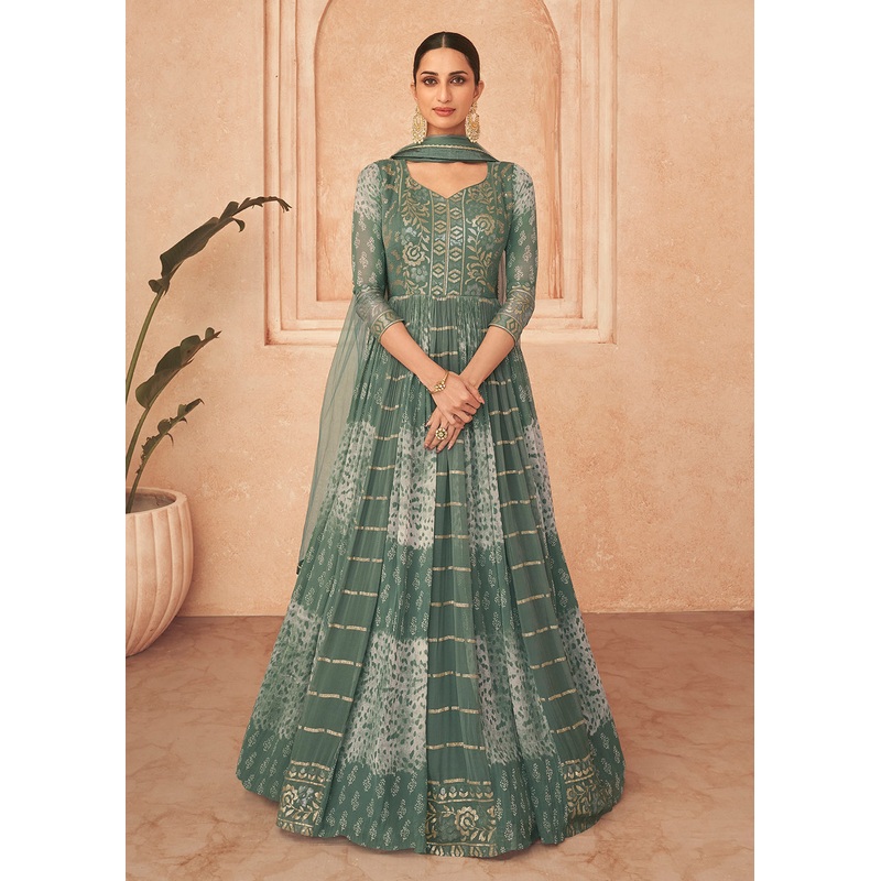 Adorning Green Georgette Embroidered Wedding Wear Gown
