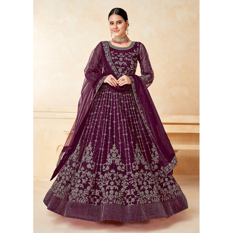 Alluring Wine Purple Net Wedding Wear Anarkali Dress