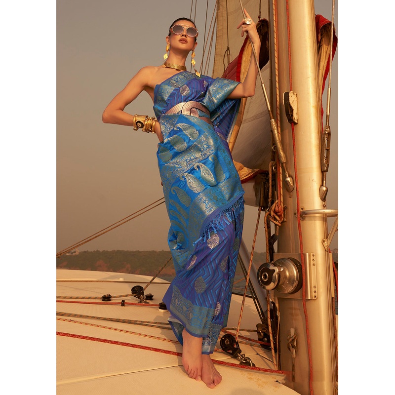Amazing Royal Blue Pure Satin Silk Two Tone Weaving Saree
