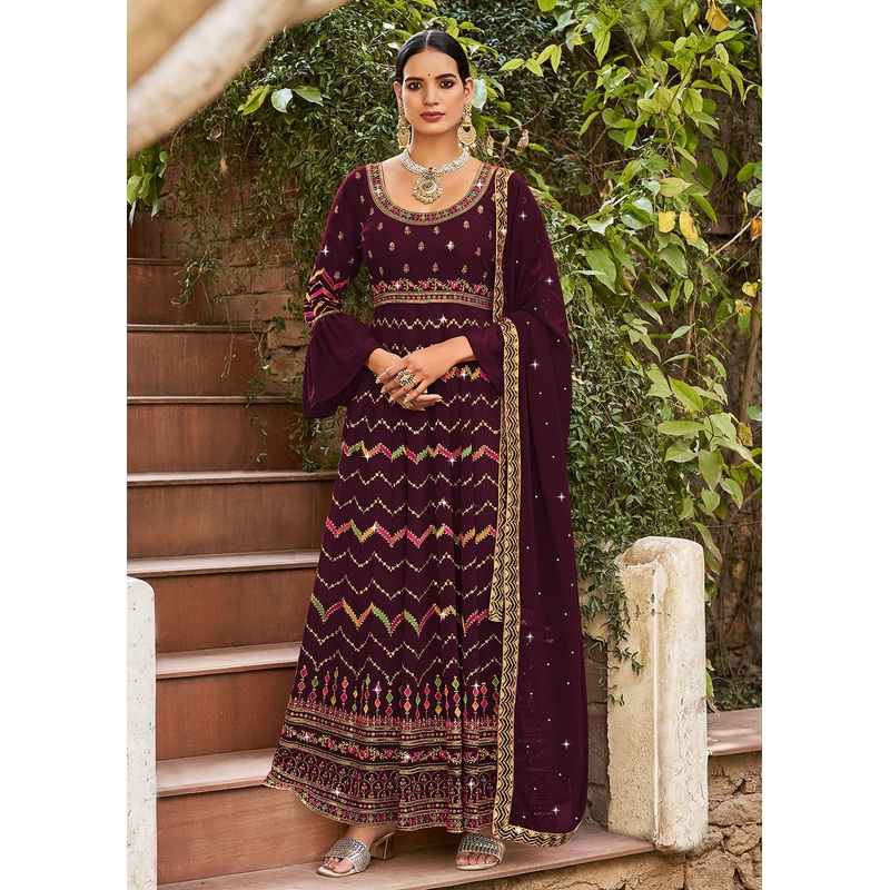 Amazing Wine Georgette Fabric Wedding Wear Anarkali Suit
