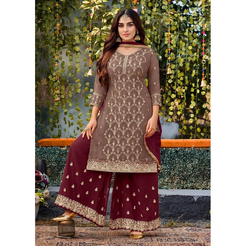 Attractive Beige Georgette Embroidered Wedding Festive Salwar Suit