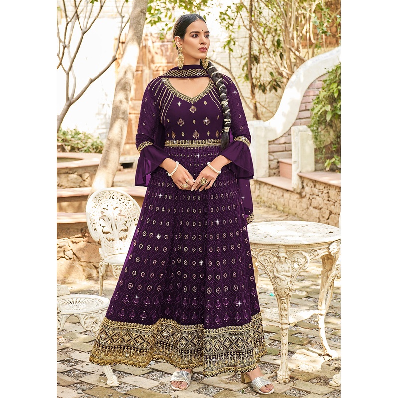 Attractive Purple Georgette Fabric Wedding Wear Anarkali Suit