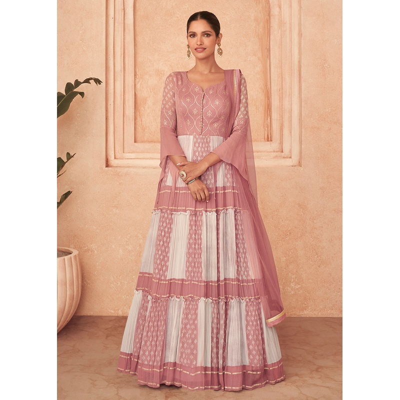 Beatific Pink & White Georgette Embroidered Wedding Wear Gown