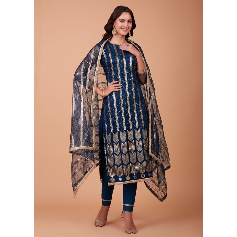 Beautiful Blue Tone to Tone Thread Net Salwar Kameez