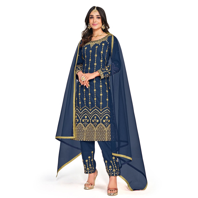 Beautiful Mirror Work Blue Silk Festive Salwar Suit