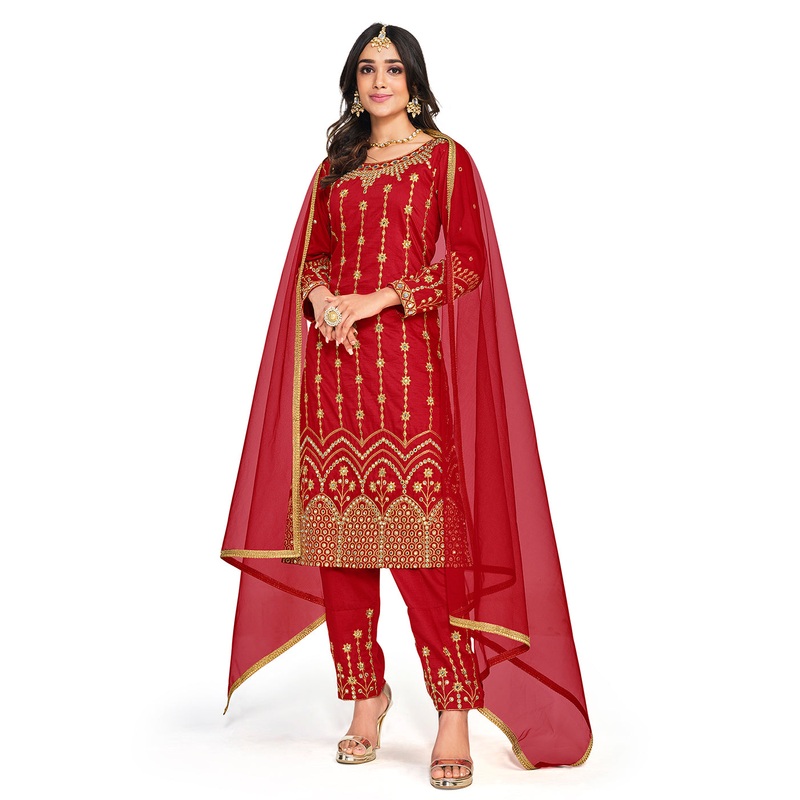Beautiful Mirror Work Red Silk Festive Salwar Suit