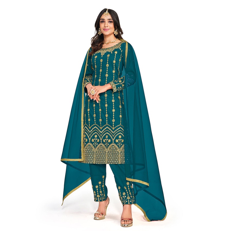 Beautiful Mirror Work Teal Silk Festive Salwar Suit