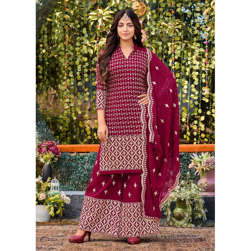 Beautiful Pink Georgette Embroidered Wedding Festive Salwar Suit