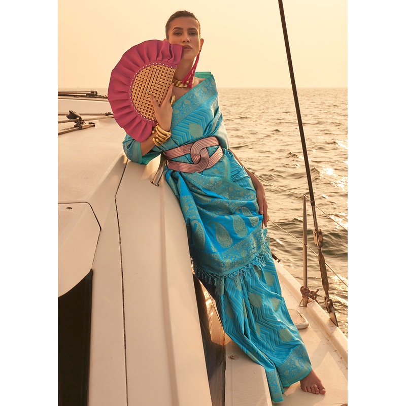 Beautiful Sky-Blue Pure Satin Silk Two Tone Weaving Saree