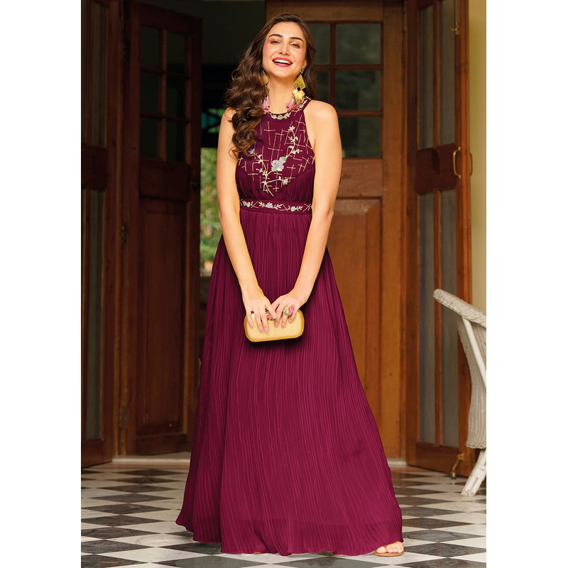 Beautiful Wine Red Georgette Embellished Indo Western Maxi Gown