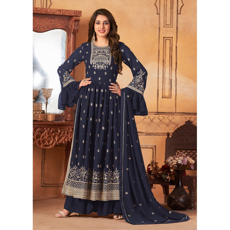 Bell Sleeved Dazzling Blue Wedding Function Palazzo Suit