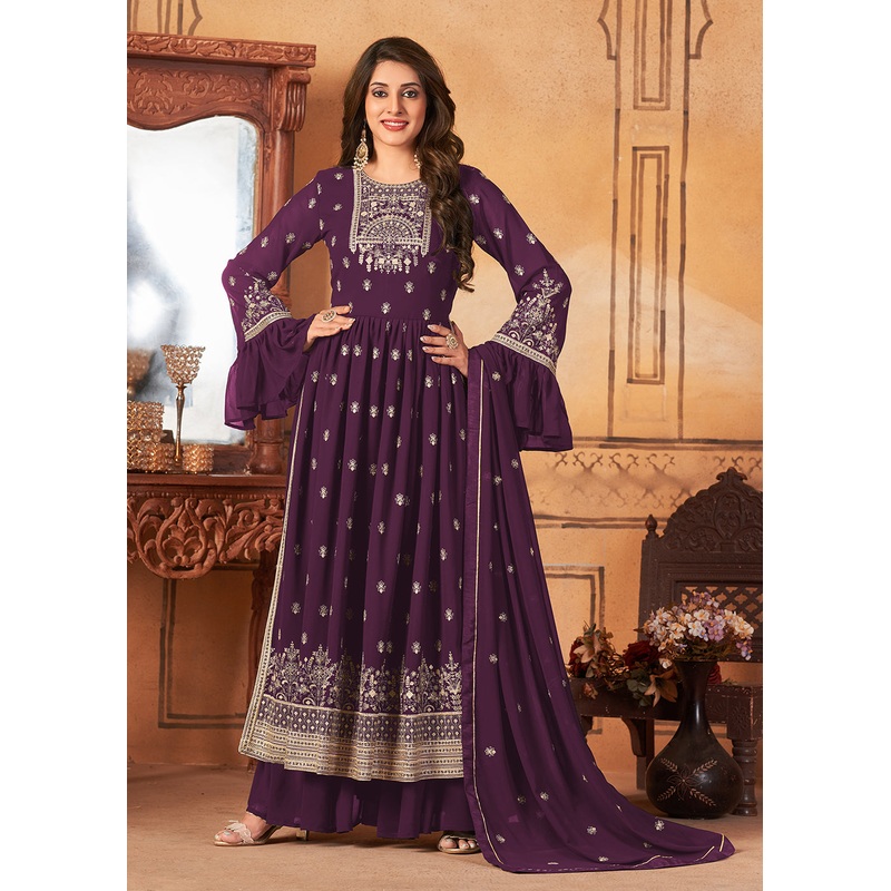 Bell Sleeved Fascinating Purple Wedding Function Palazzo Suit