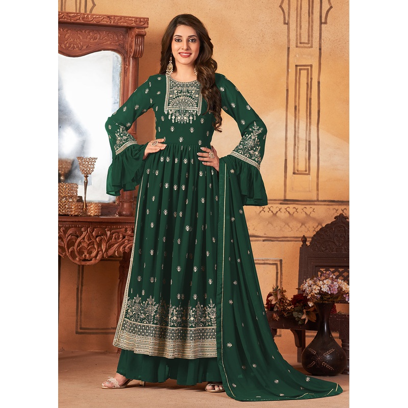 Bell Sleeved Glittering Green Wedding Function Palazzo Suit