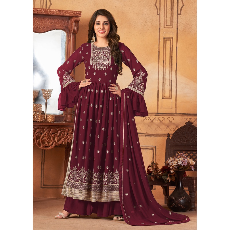 Bell Sleeved Radiant Maroon Wedding Function Palazzo Suit