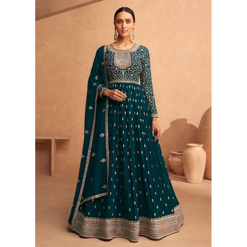 Bewitching Turquoise Georgette Wedding Festive Anarkali