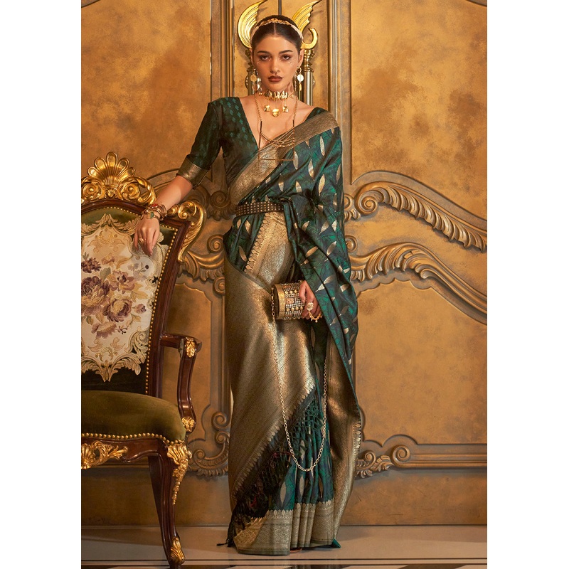 Bollywood Style Exquisite Bottle-Green Pure Satin Silk Saree