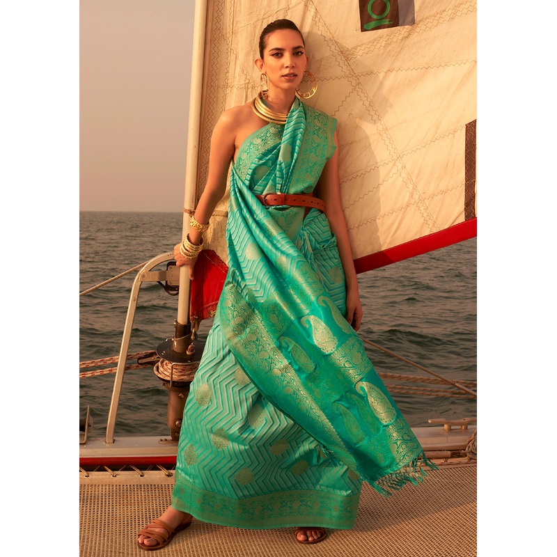 Captivating Sea-Green Pure Satin Silk Two Tone Weaving Saree