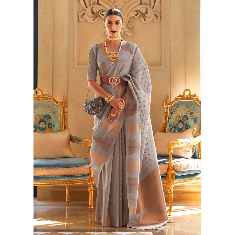 Charming Grey Tissue Zari Weaving Bollywood Saree