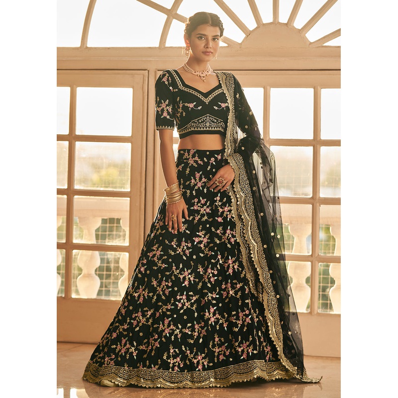 Chinon Silk Black Multi Embroidered Wedding Lehenga Choli
