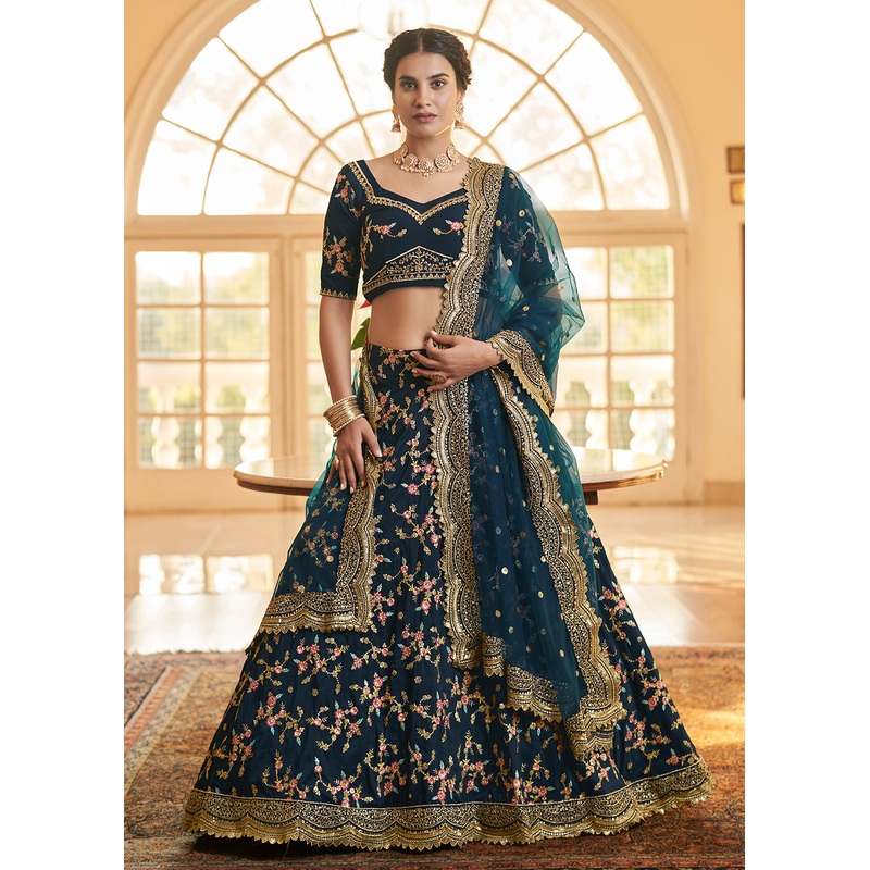 Chinon Silk Blue Multi Embroidered Wedding Lehenga Choli