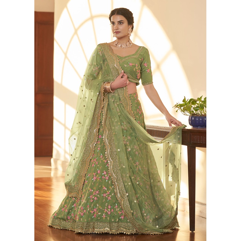 Chinon Silk Green Multi Embroidered Wedding Lehenga Choli