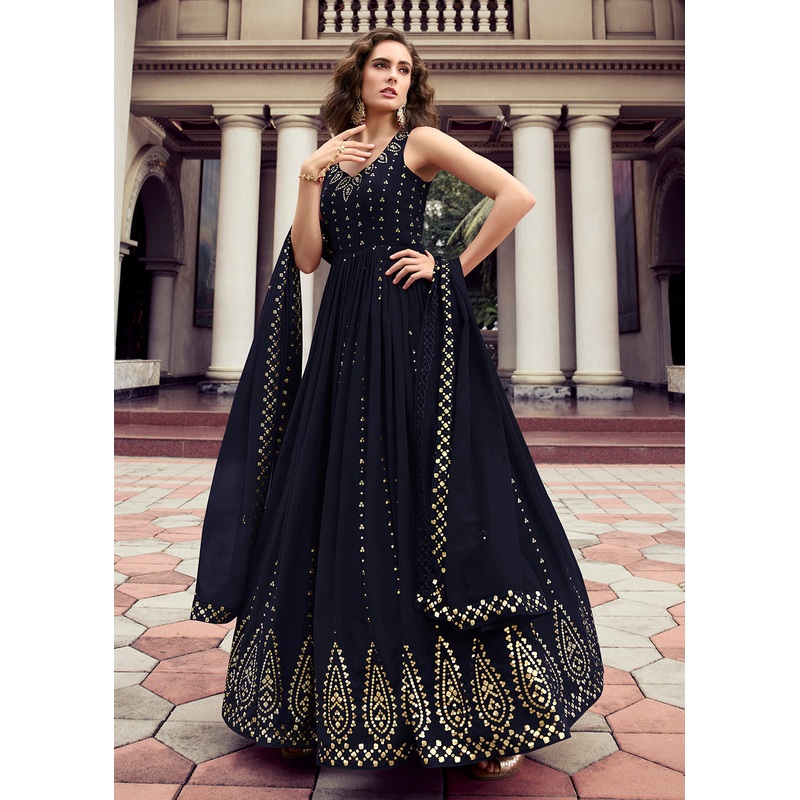 Dark Blue Georgette Thread & Sequins Wedding Party Gown