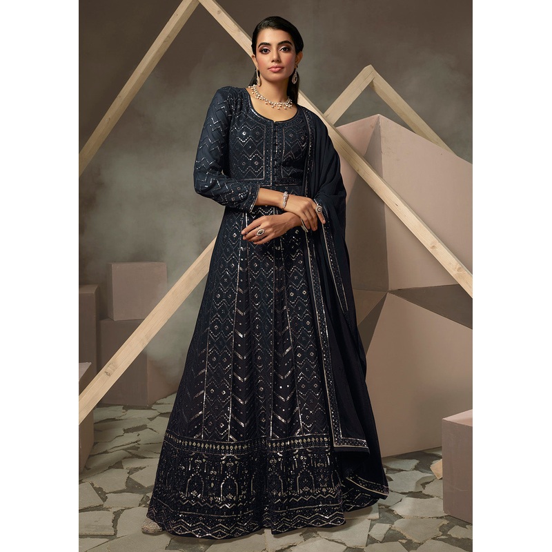 Deep Blue Lucknowi Style Embroidered Georgette Gown