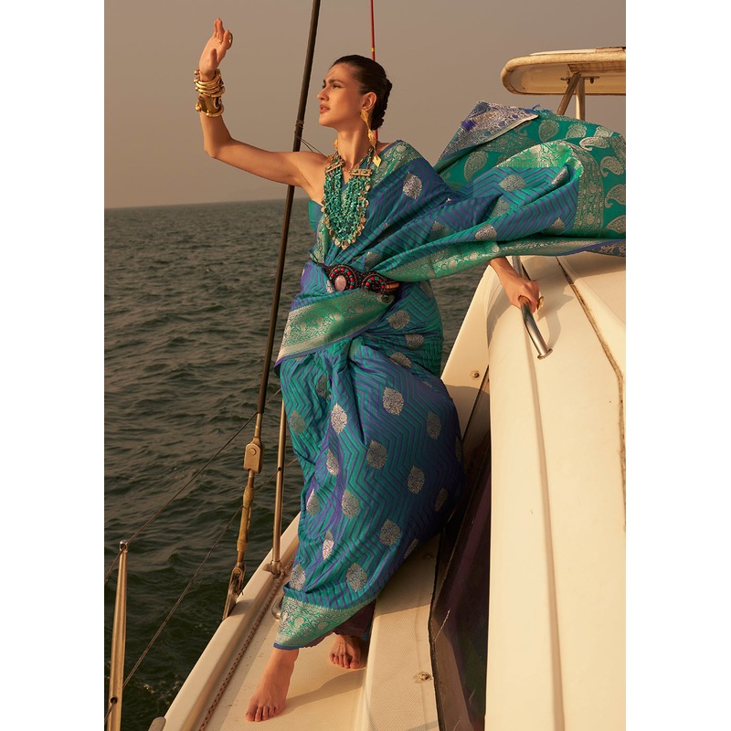 Enchanting Blue-Green Pure Satin Silk Two Tone Weaving Saree