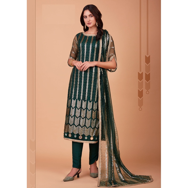 Enchanting Green Tone to Tone Thread Net Salwar Kameez