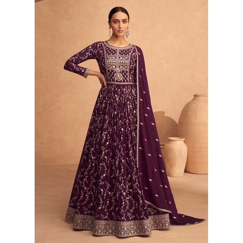 Engaging Wine Plum Georgette Wedding Festive Anarkali